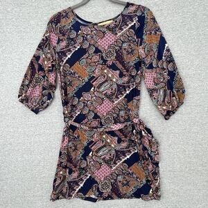 How Very Loved Dress Womens Medium Blue Pink Paisley Belted 3/4 Sleeve Ladies